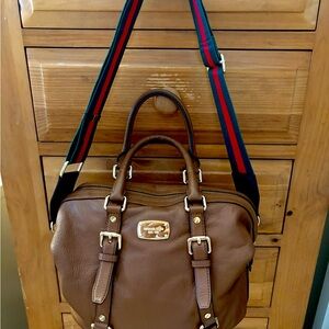 Michael Kors Brown Leather Satchel with Striped Strap